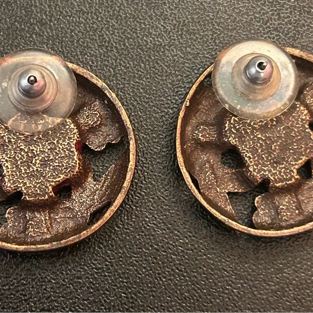 Floral Rhinestone Earrings Vintage Inspired Red Cabochon Round Copper Stud